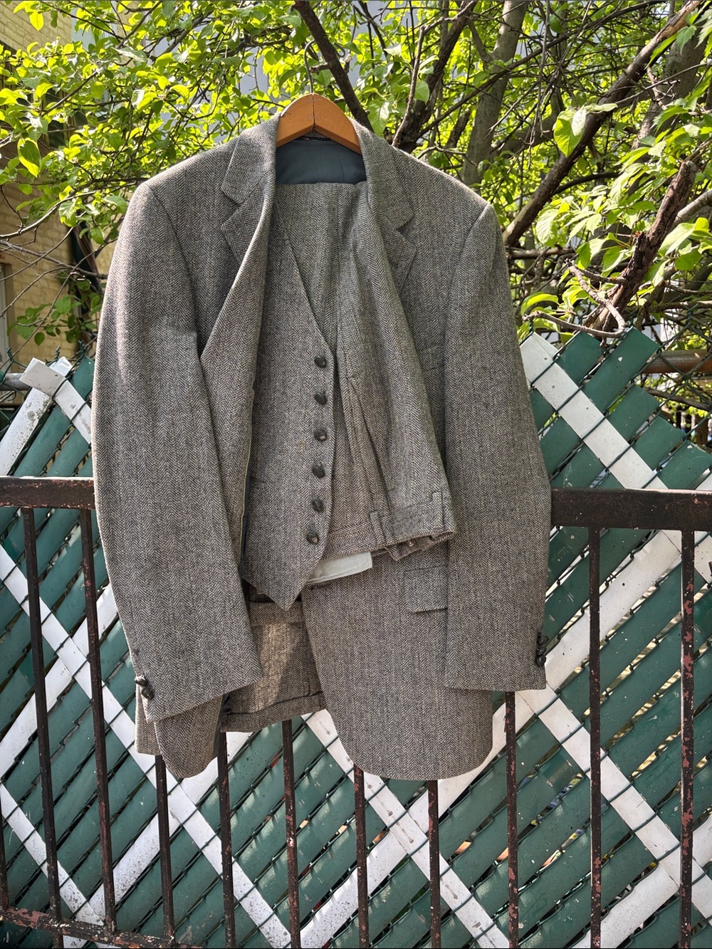 Austin Reed Men's Three-Piece Tweed Suit in Black Herringbone